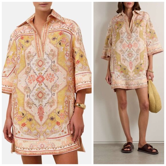 Zimmermann Wylie Mustard Multi Linen Tunic Mini Dress Size 1 US 4